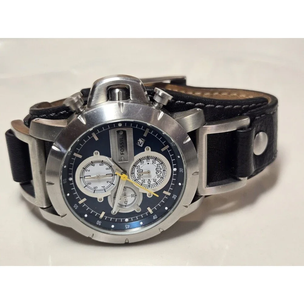 Fossil Blue Dial Chronograph Watch with Black Strap and Yellow Accents